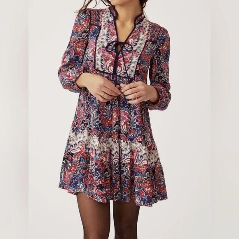 Anthropologie Spliced Tunic Dress M Pink Blue Floral Tiered Boho Festival Indie